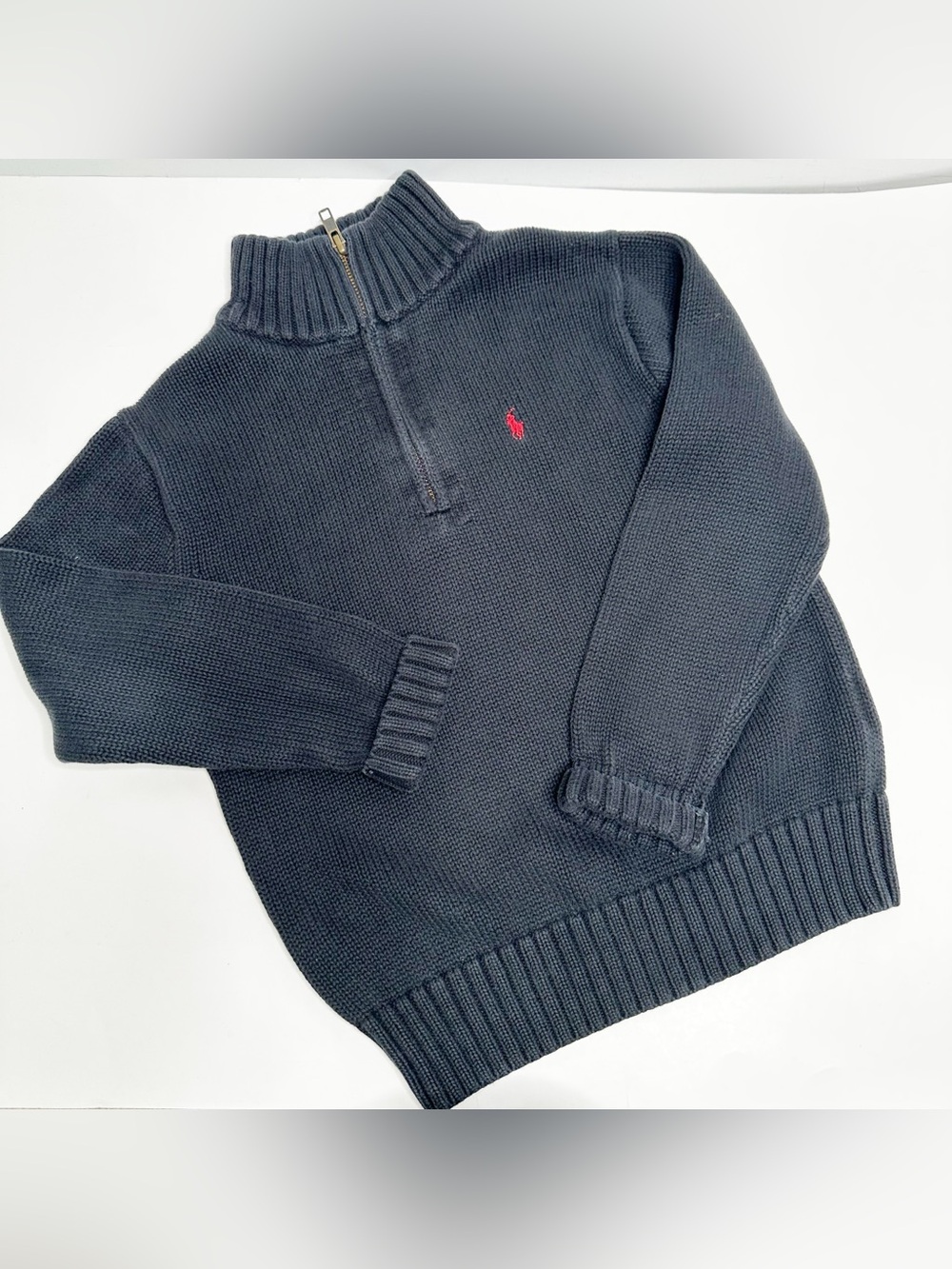 Polo Ralph Lauren Boys Size 7 Black Knit Quarter Zip Sweater Red Pony Logo